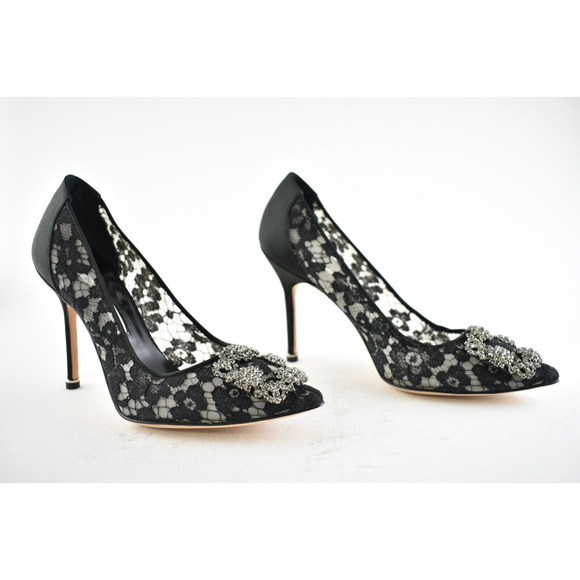 Manolo Blahnik Hangisila Hangisi 105 Black Lace Crystal Buckle Heel Pump 39.5 - Picture 4 of 12